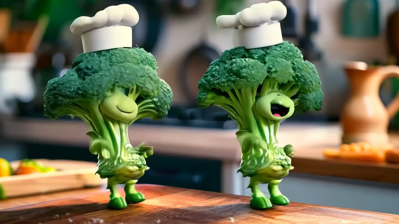 A couple of broccoli figurines that are standing on a cutting board