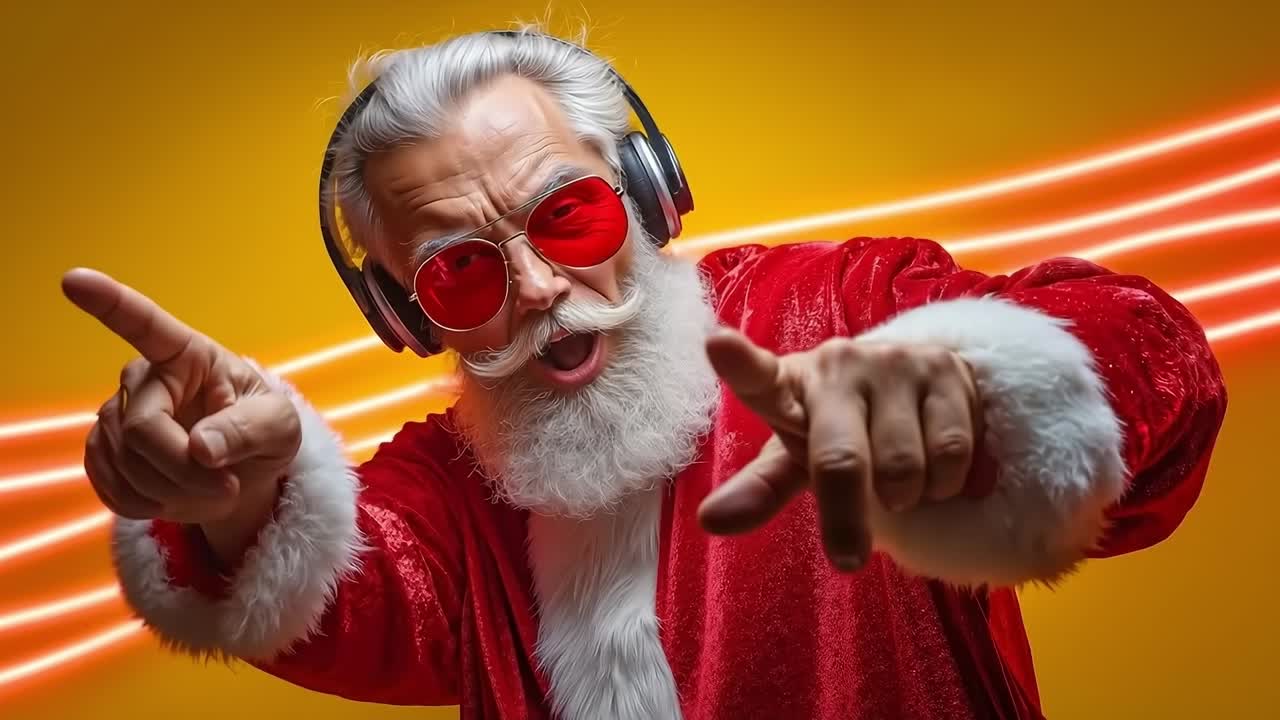 A man dressed as Santa Claus wearing headphones and sunglasses