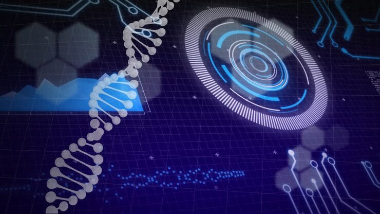 Animation of dna strand and scientific data processing over blue background