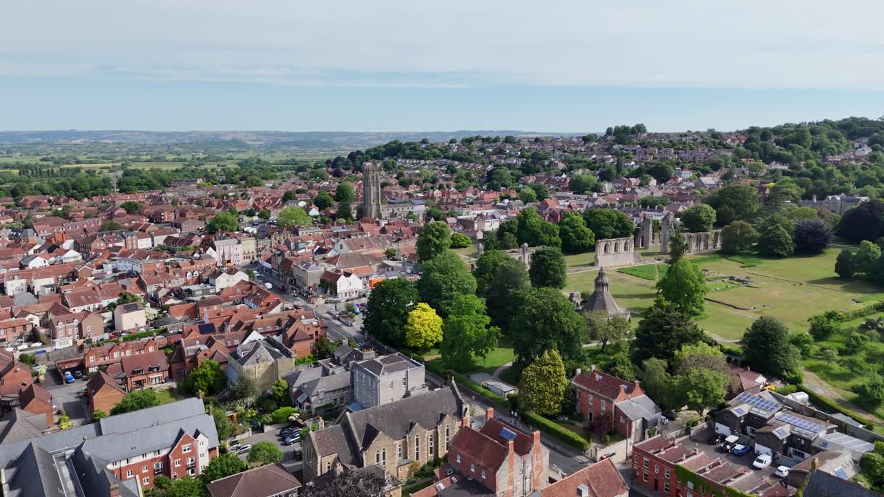 Low Panning drone aerial Glastonbury town Somerset UK