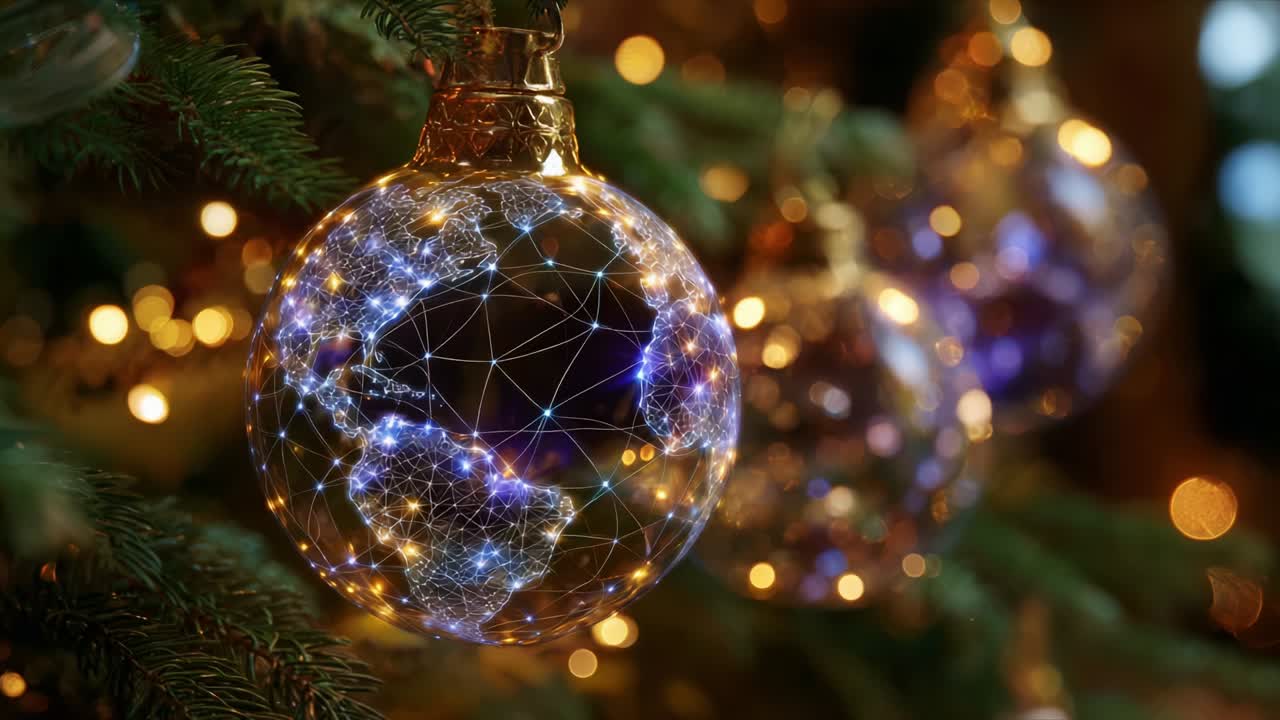 Enchanting Christmas Ornaments Featuring a Globally Connected Earth Design, Illuminated by Twinkling Lights, Perfect for Adding a Touch of Festive Magic to Your Holiday Decor and Celebrations