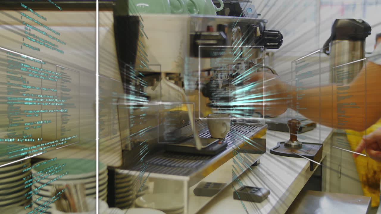 Commercial espresso machine brewing shot on steel counter, displaying digital interface overlay