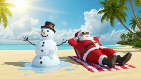 a whimsical holiday scene featuring santa claus lounging on the beach while a melting snowman enjoys the sun, showcasing a playful blend of winter and summer elements