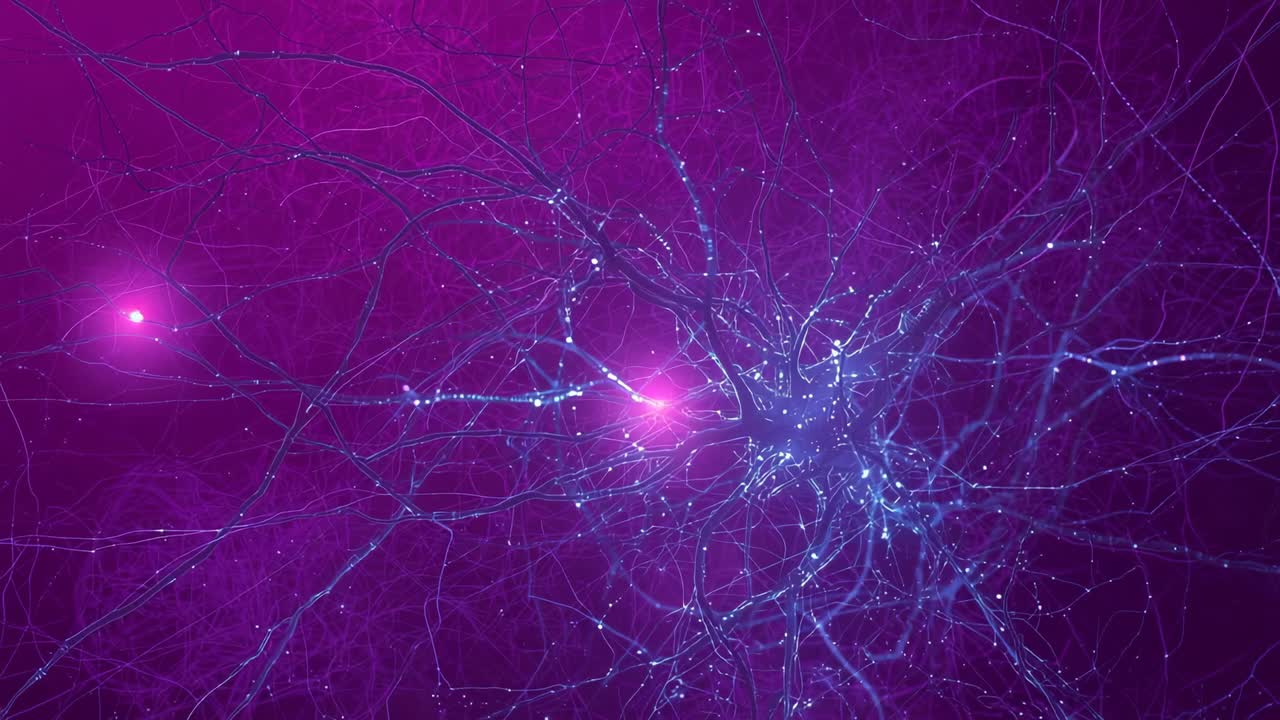 Network pulsing in purple field upon magenta spark traversing filament toward hub driving data flow