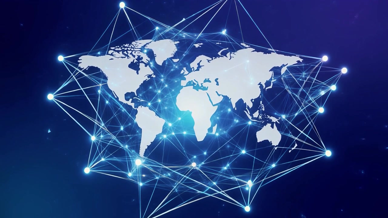 Digital World Map with Connected Network Nodes and Lines