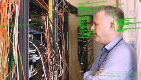 Animation-of-data-processing-over-caucasian-man-in-server-room