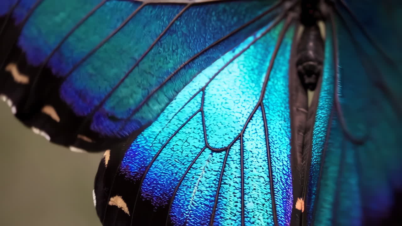 Close-up of an iridescent blue butterfly wing