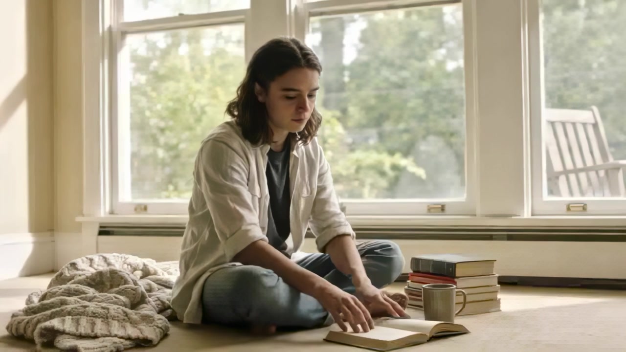 Reaching woman in button-up shirt and jeans turning pages, studying by large window, with open book