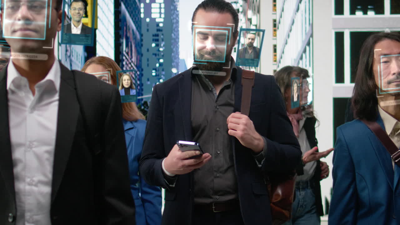 Multiethnic commuters tracked by AI vision software in urban environment, VFX