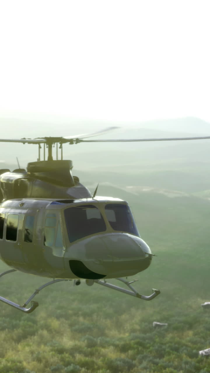 Helicopter soaring over lush mountains during golden hour glow