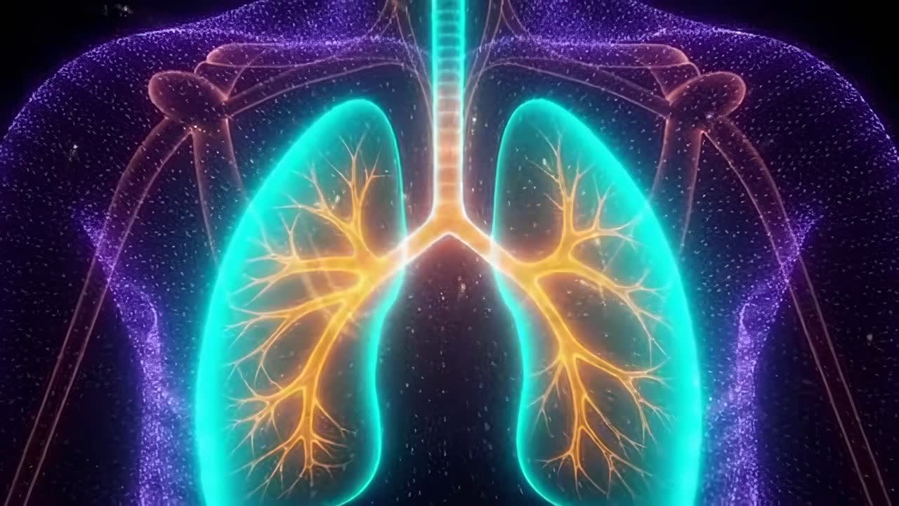 Video futuristico di polmoni luminosi, con angolazione dall'alto, che evidenzia le vie respiratorie.