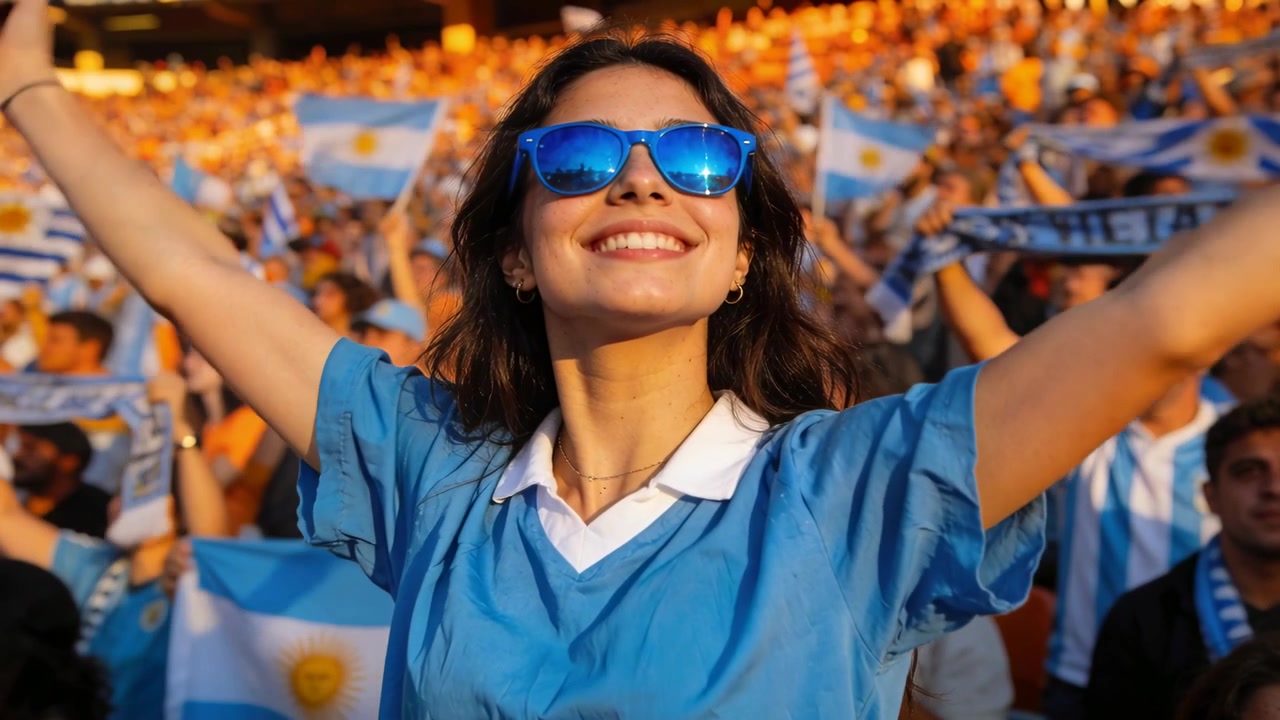 Jublende holdfan iført lyse solbriller og trøje hæver armene på arenaen, mens kameraet zoomer ind på flag, der blafrer.