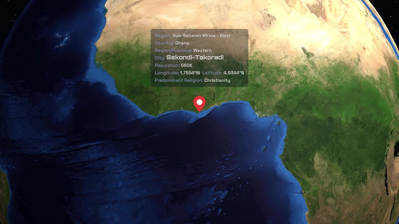 A digital earth rotates and zooms into West Africa, revealing specific location data for Ghana
