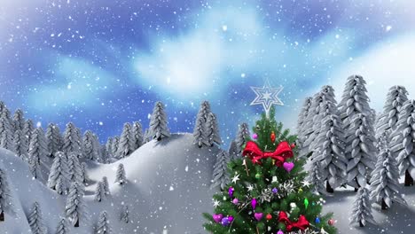 Animation-of-snow-falling-over-christmas-tree,-fir-trees-and-winter-landscape