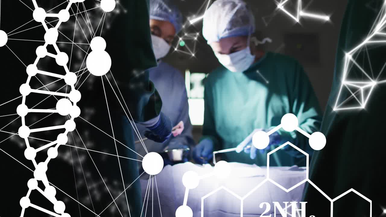 병원의 다양한 의사들에 대한 dna 줄무와 화학 공식의 애니메이션