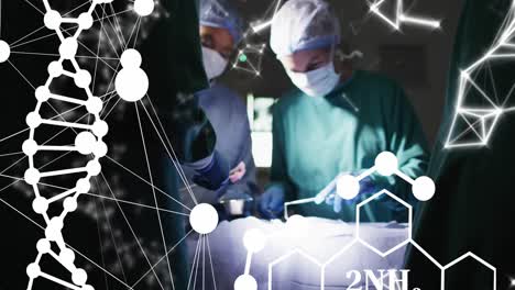 animación de cadena de adn y fórmula química sobre diversos médicos en el hospital.