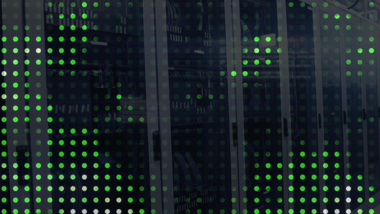 On start perforated panel with LED grid showing white-green pulsing lights indicating server status