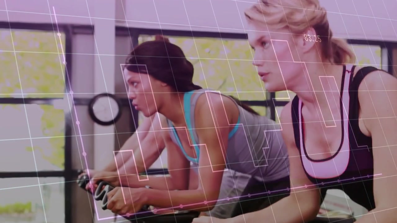 Three cyclists gripping handlebars and starting sync pedaling in fitness grids tracking rpm