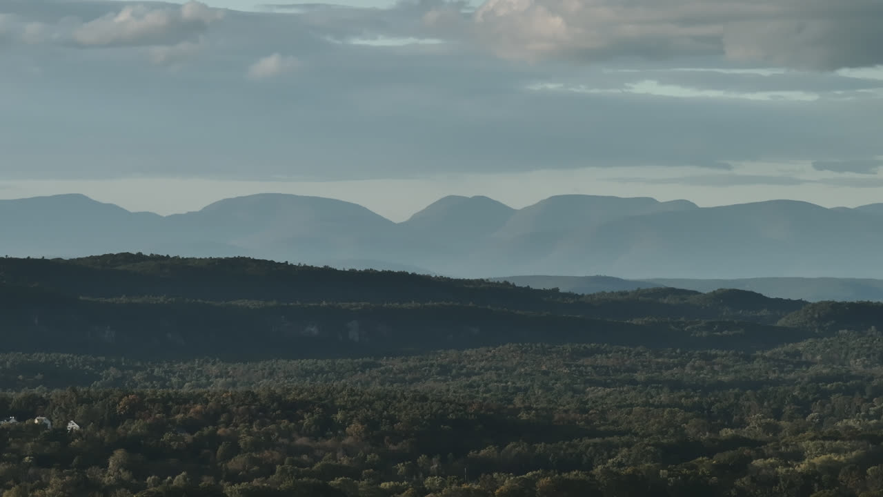 Aerial view of the Catskill Mountains on an autumn day. Shot in New Paltz, New York