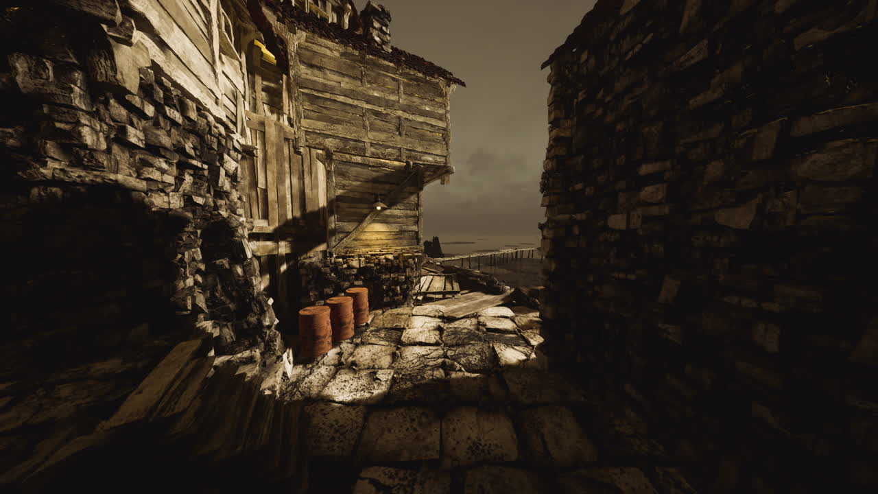 Moody narrow alleyway leading to the ocean at dusk with rustic buildings