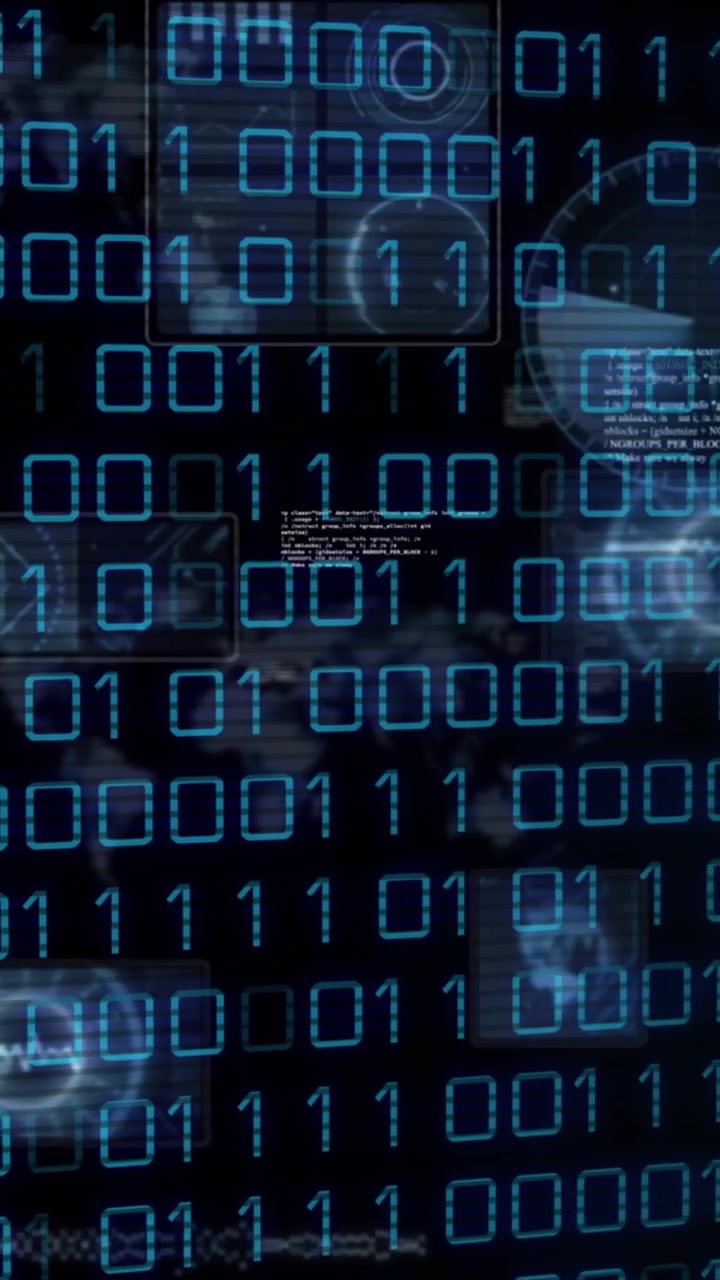 Animation of binary codes, radars, maps, globes and computer language over black background