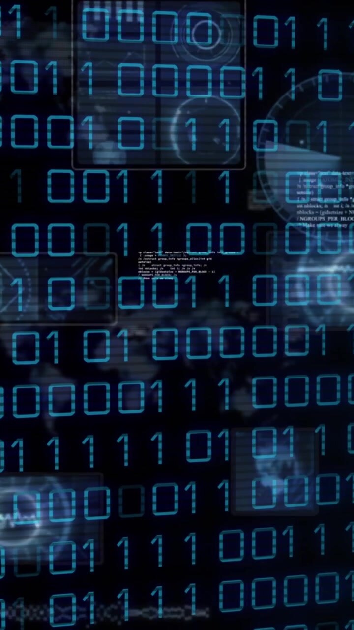 Animation of binary codes, radars, maps, globes and computer language over black background