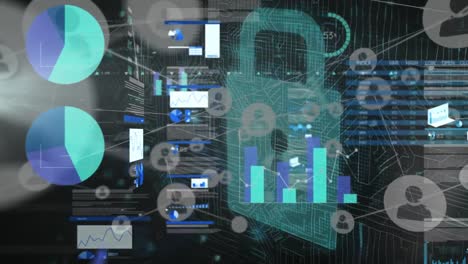 Animation-Der-Statistischen-Datenverarbeitung-Und-Netzwerk-Von-Profilsymbolen-Gegen-Sicherheitsvorhängeschloss-Symbol