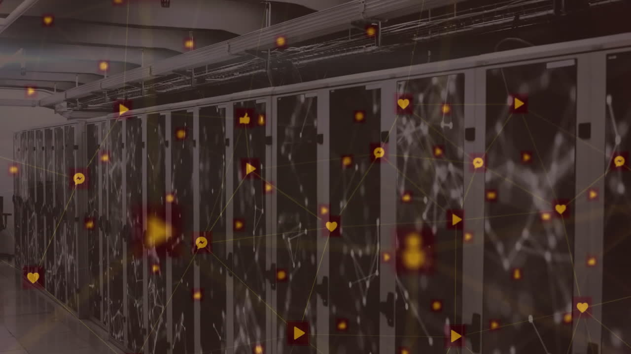 Network connections and social media icons animation over server room cabinets