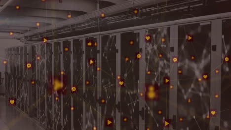 network connections and social media icons animation over server room cabinets