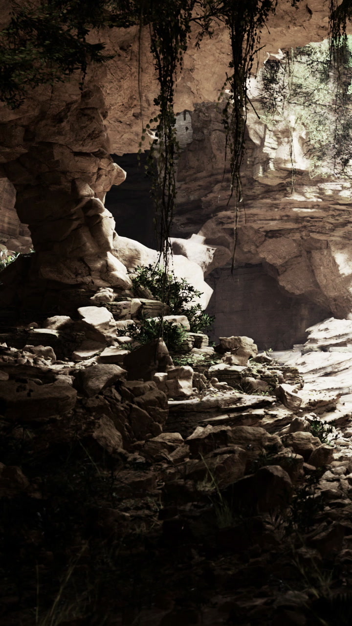 Sunlight shines into a rocky cave with plants and shadows in natural setting