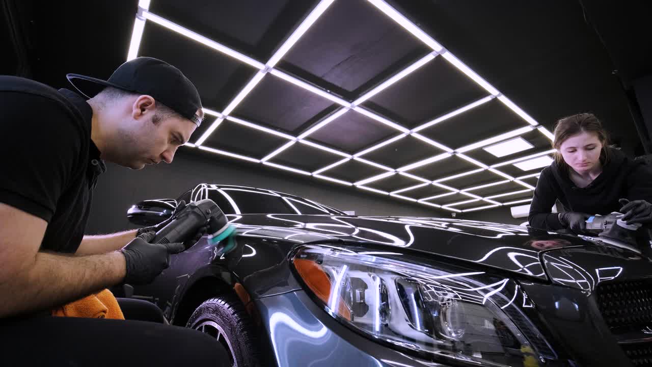 detallado profesional de automóviles utilizando maquinaria y pulidores para la restauración de pintura.