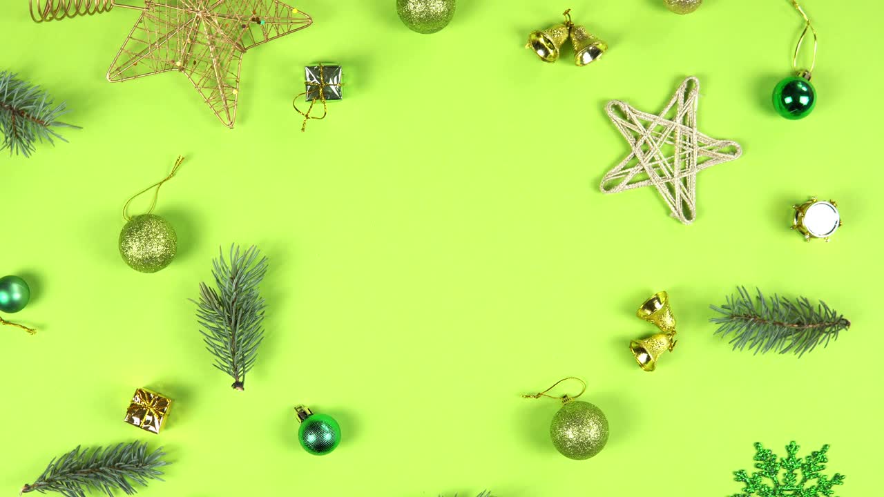 Christmas abstract pattern 360 degree rotation. Fir tree branches and gift box spinning on green background