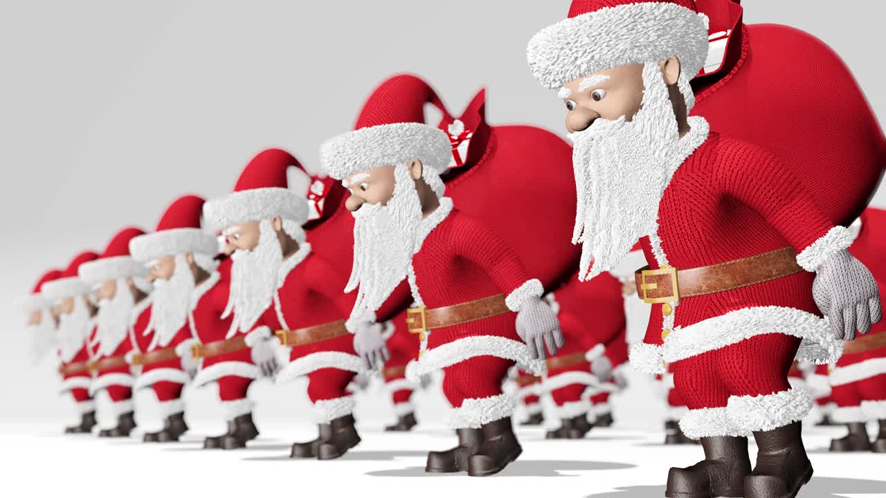 산타클로스 군대는 선물 가방을 가지고 있습니다. 메리 크리스마스 및 행복한 새해 2020 애니메이션.