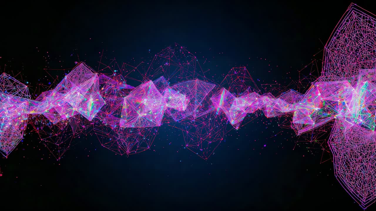Igniting purple-pink mesh stream pulsing and merging in void, with red lines, nodes and speckles