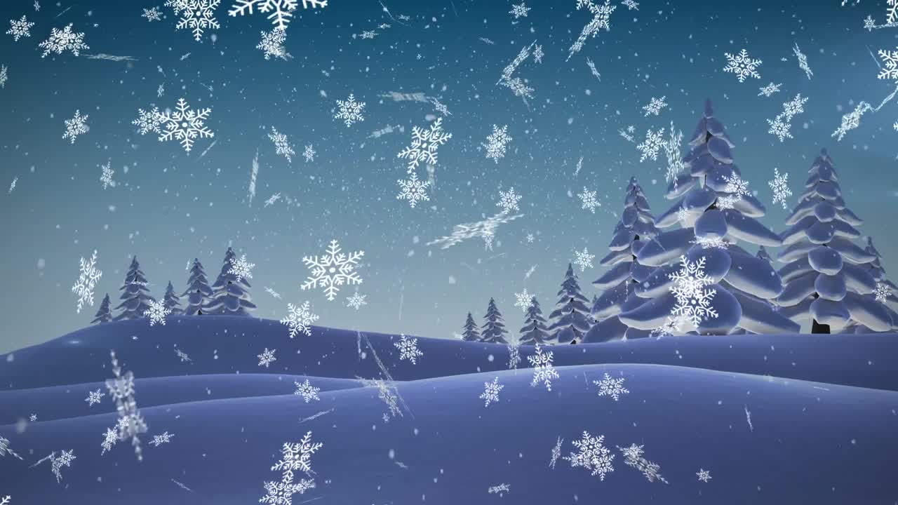 소나무 숲에 눈이 내리는 디지털 애니메이션