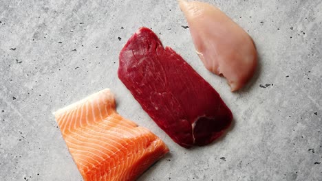 fresh raw beef steak  chicken breast  and salmon fillet
