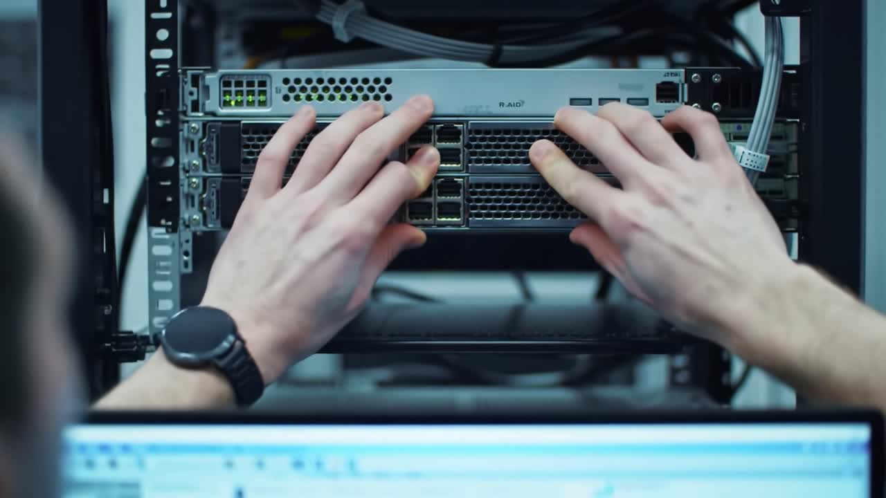 A Technician Managing Network Infrastructure: Performing Maintenance on a Server Rack While Monitoring Activity on a Connected Computer System