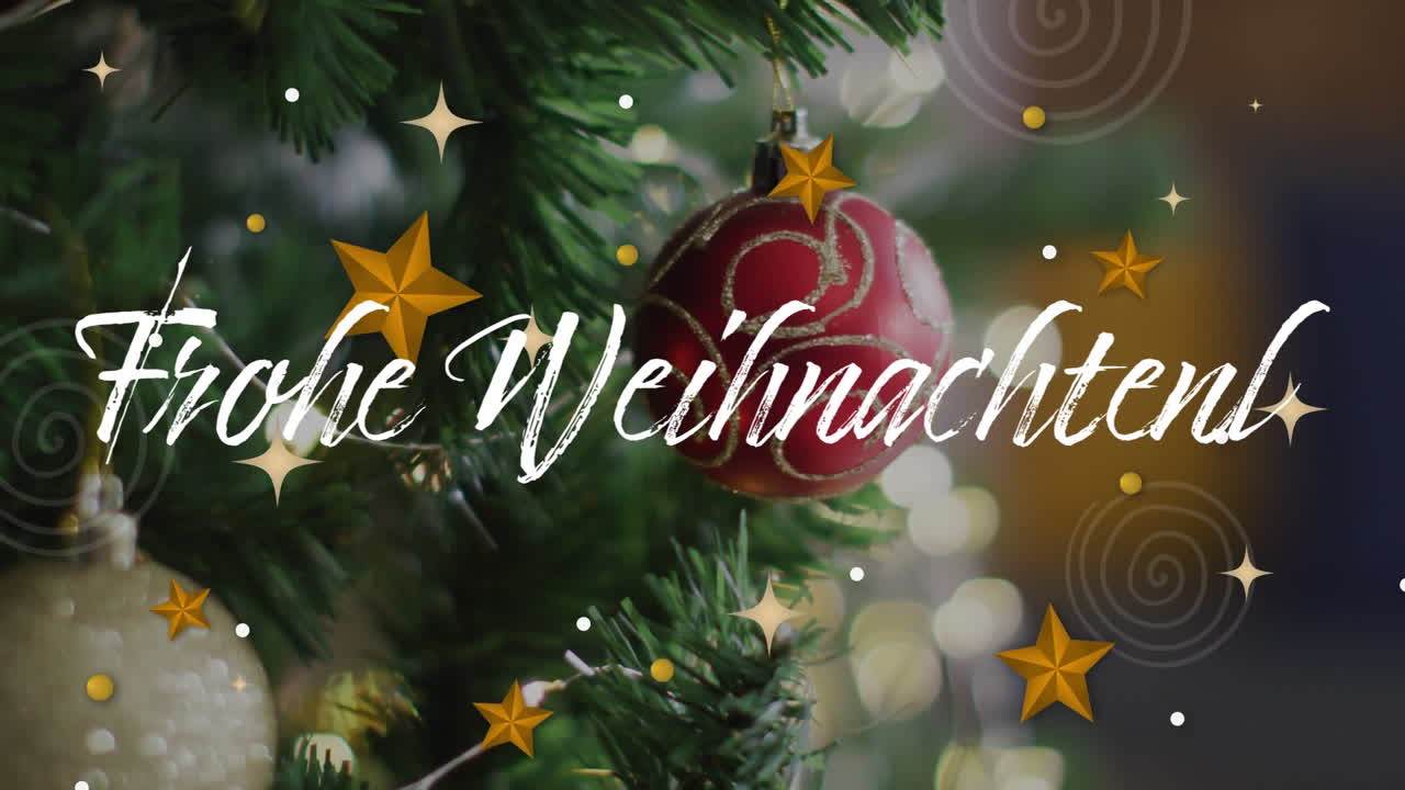 animation der weihnachtszeiten grüße auf deutsch über ballen dekorationen auf dem weihnachtsbaum