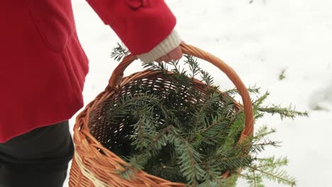 woman in red coat walking with a basket full of branches in winter snow 4k slow motion