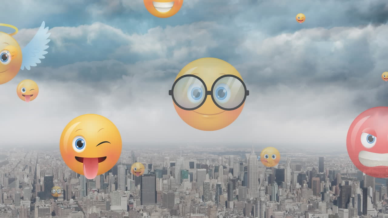 도시 풍경의 공중 시야에서 떠다니는 여러 얼굴 이모지