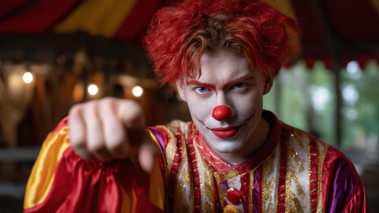 A Fearless Clown Captivates the Audience with a Striking Appearance and Bold Expression in a Vibrant Circus Tent During an Unforgettable Performance