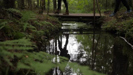 People-walking-on-a-bridge-over-the-stream-forest-river-blue-sport-shoes-4k-50-fps-autumn-atmosphere,-picnic