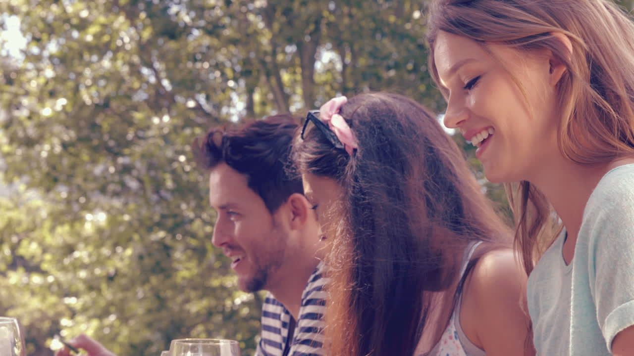 높은 품질의 형식으로 공원에서 점심을 먹는 행복한 친구들