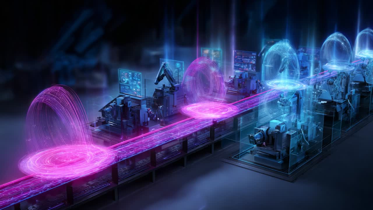 Advanced Manufacturing Technology Displaying Futuristic Automation with Robotics and Data Visualization Represented in Vibrant Colors, Showcasing the Interplay of Robotics, Machinery, and Information Flow