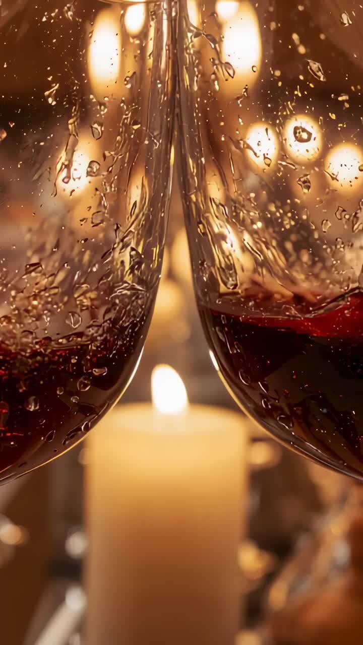 Vertical video: Clinking two stemmed wine glasses touching rims at table, candle behind, droplets