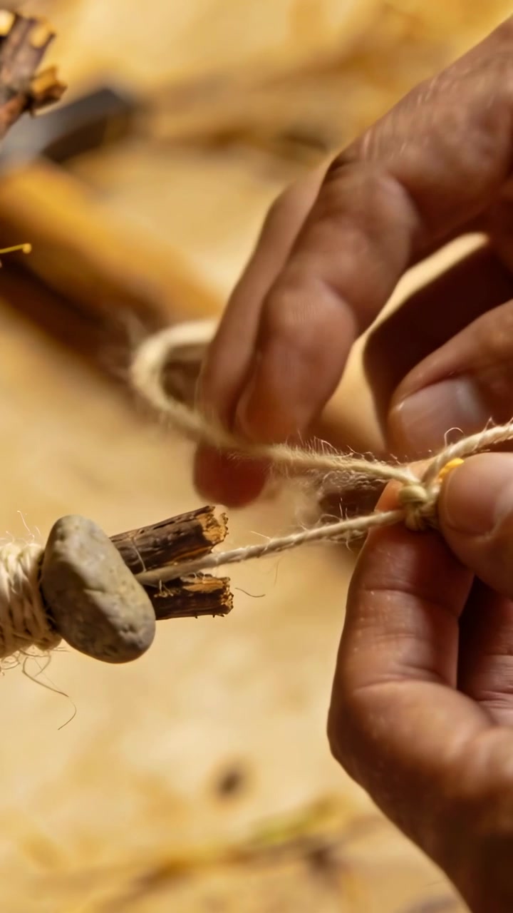 Vertical video: Seeing pebble on twine, hands tightening knot at workbench, securing stick bundle