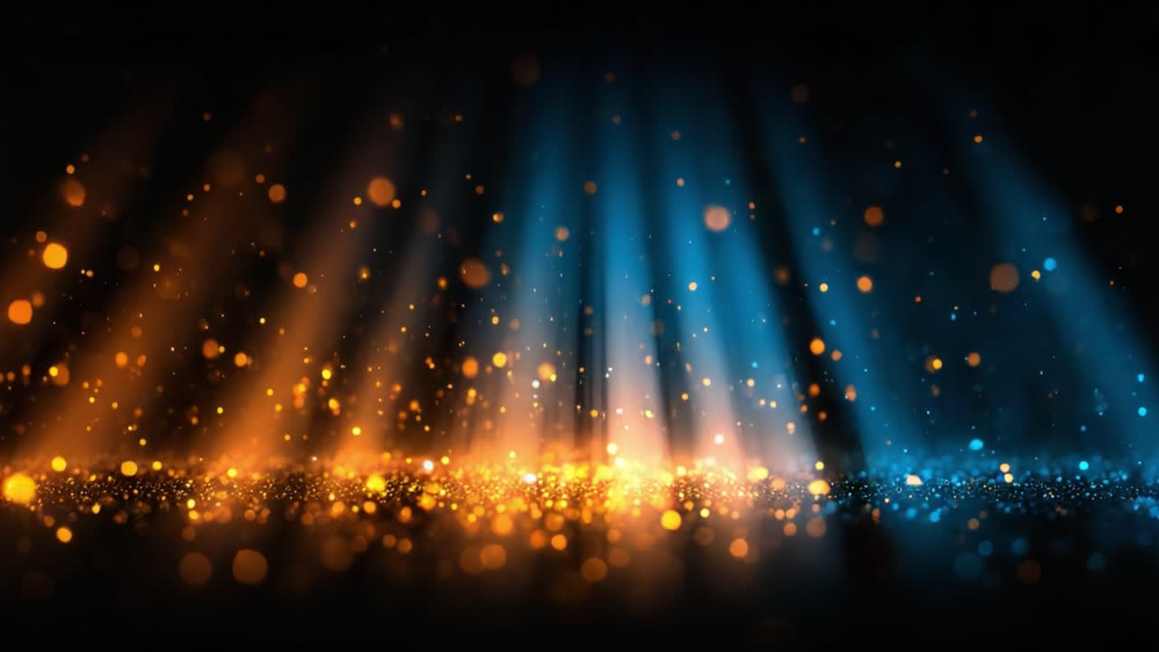A Captivating Display of Colorful Light Rays and Glimmering Particles, Creating a Mesmerizing Atmosphere of Blue and Orange Hues in a Dark Landscape