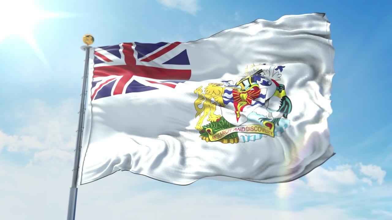 영국 남극 영토의 발이 깊은 파란 하늘을 배경으로 바람에 흔들리고 있습니다. 국가 테마, 국제 개념. 3d 렌더리 원활한 루프 4k