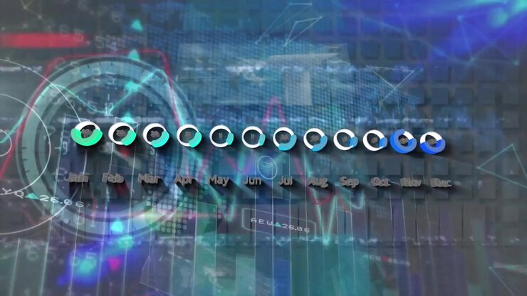 Digital animation of statistical and stock market data processing against blue background
