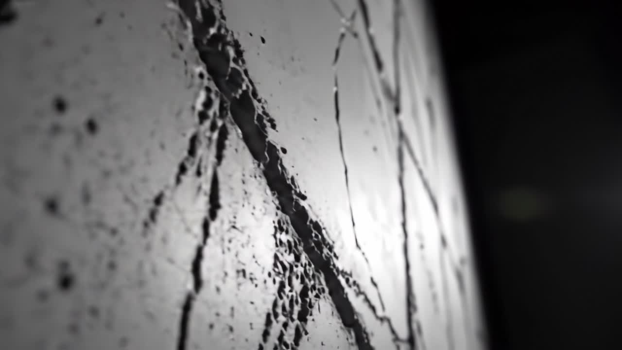 Abstract Close-Up of a Textured Surface with Water Droplets and Cracks, Highlighting the Interaction Between Light and Reflection in a Minimalistic Setting